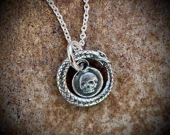ouroboros and skull necklace - memento mori - sterling silver wax seal jewelry - whimsigoth jewelry