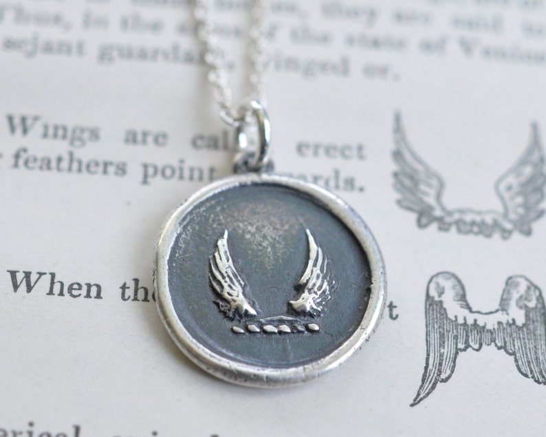 wings wax seal necklace soar, swiftness, protection inspirational gift sterling silver wax seal jewelry image 3