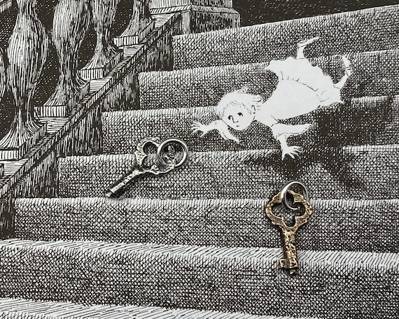 gothic skeleton key necklace charm - tiny sterling silver or bronze quatrefoil skeleton key jewelry