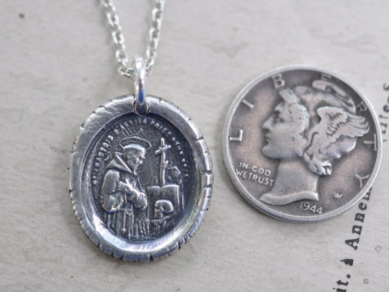 St. Francis wax seal necklace patron saint for ecologists Saint Francis of Assisimedal pendant sterling silver wax seal jewelry image 5