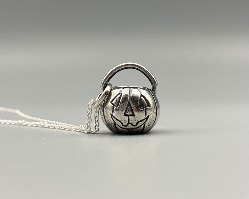 jack o'lantern pumpkin necklace pendant - pumpkin pail - sterling silver Halloween jewelry image 4