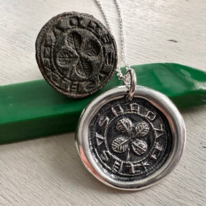 four leaf clover wax seal necklace - hope, faith, love and luck - medieval wax seal jewelry