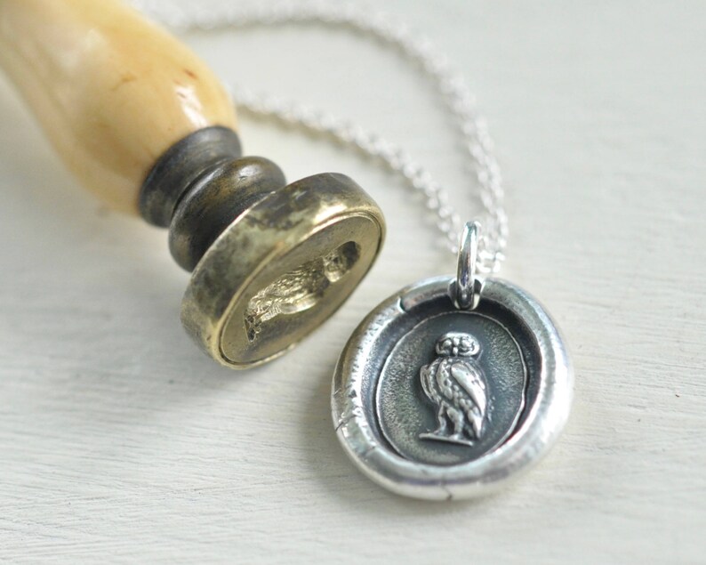 owl wax seal necklace be wise sterling silver antique wax seal jewelry image 2