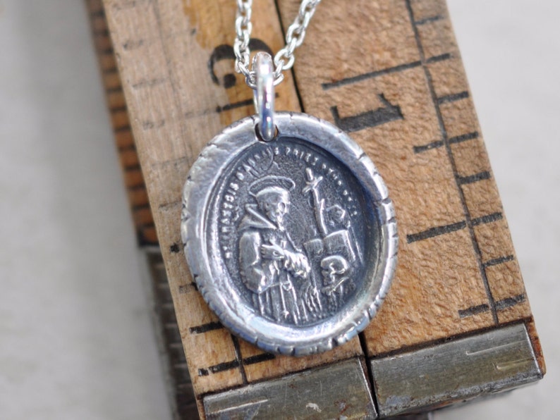 St. Francis wax seal necklace patron saint for ecologists Saint Francis of Assisimedal pendant sterling silver wax seal jewelry image 3