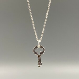 May include: A silver key pendant necklace with a delicate chain. The key has a detailed design and a small hole in the center.