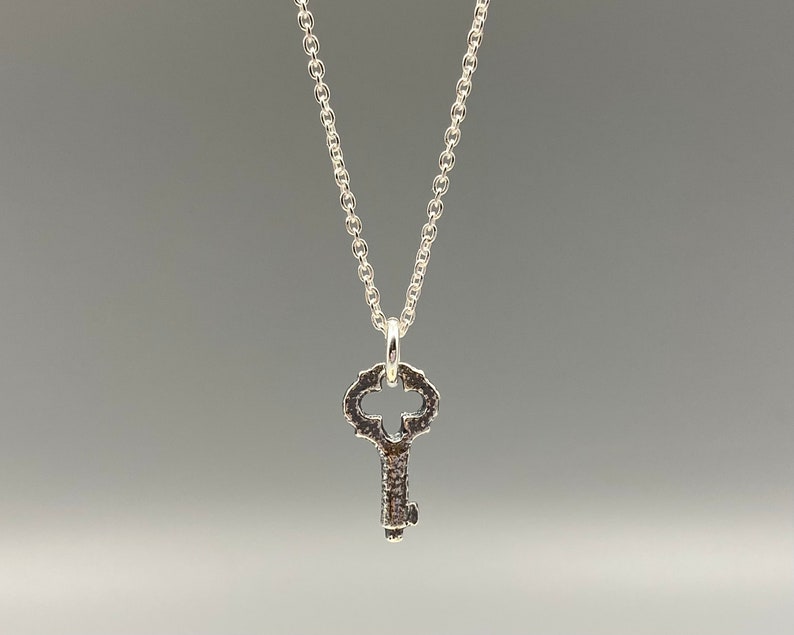 May include: A silver key pendant necklace with a delicate chain. The key has a detailed design and a small hole in the center.