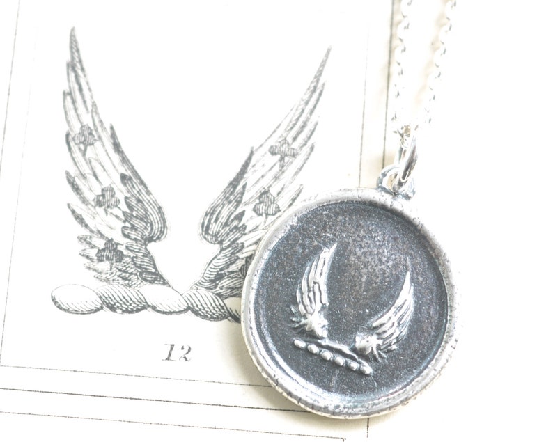 wings wax seal necklace soar, swiftness, protection inspirational gift sterling silver wax seal jewelry image 1