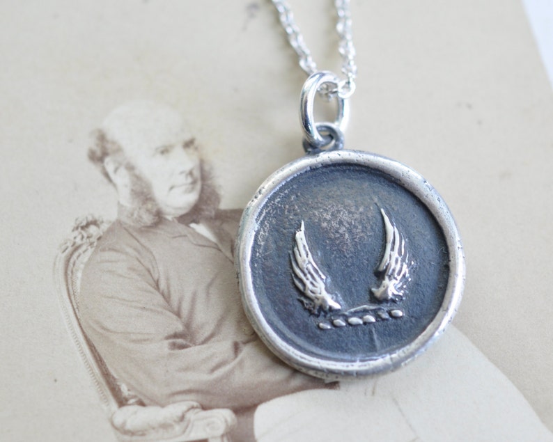 wings wax seal necklace soar, swiftness, protection inspirational gift sterling silver wax seal jewelry image 2