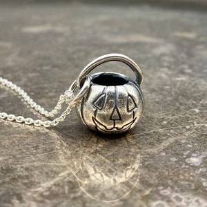 jack o'lantern pumpkin necklace pendant - pumpkin pail - sterling silver Halloween jewelry image 6