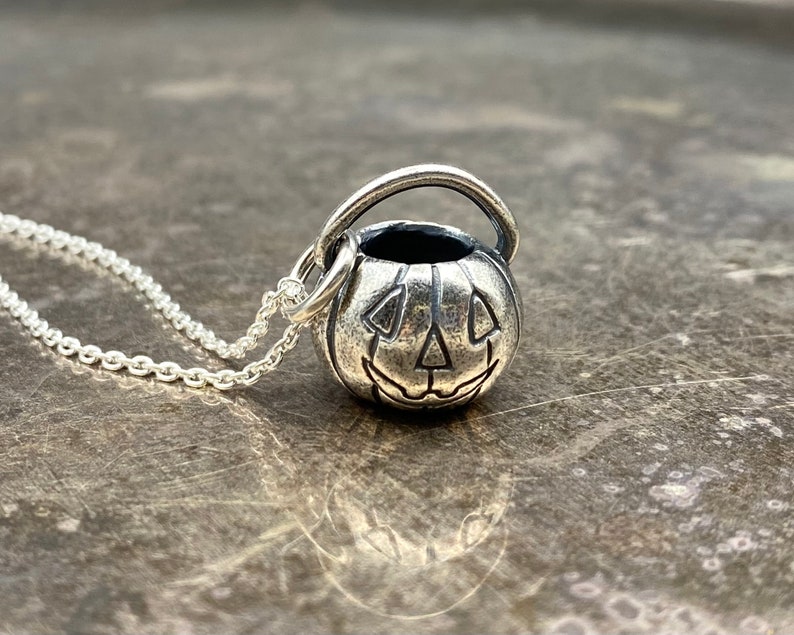 jack o'lantern pumpkin necklace pendant - pumpkin pail - sterling silver Halloween jewelry image 6