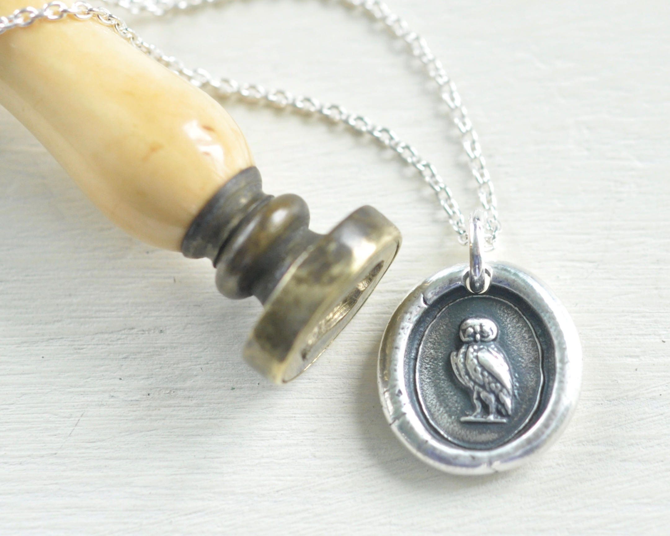Owl Wax Seal Necklace Be Wise Sterling Silver Antique Wax Etsy