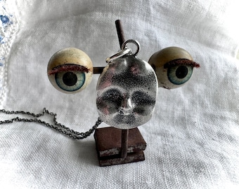 doll face necklace pendant - sterling silver Frozen Charlotte doll face - historic Frozen Charlotte doll jewelry