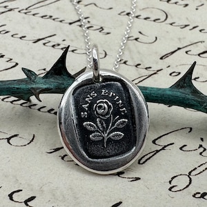 rose without thorns wax seal necklace - SANS EPINE - French rebus - sterling silver antique wax seal jewelry