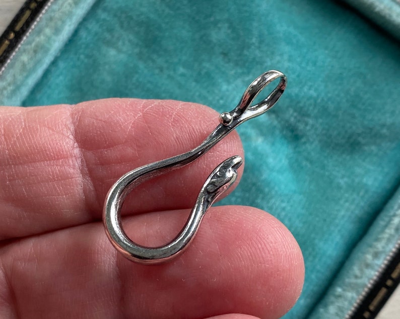 May include: A silver snake-shaped hook with a rounded end. The hook is made of metal and has a smooth, polished finish.