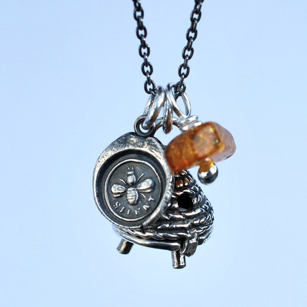 The Bees... bee wax seal, beehive locket and amber trio charm necklace