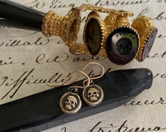 skull earrings - bronze skull wax seal earrings - memento mori wax seal jewelry - skull jewelry