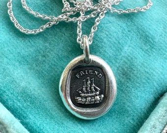 FRIENDship wax seal necklace pendant - rebus ship pendant - friendship gift - Victorian era wax seal jewelry