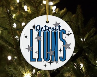 Detroit Lions Ceramic Ornament with Stars, NFL Fan Decor, Football Team Holiday Gift, Hanging Decoration, Lions Christmas Gift
