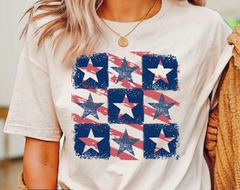 Fourth of July Stars and Stripes Checker Board T-Shirt, Patriotic Tee, Red White Blue Shirt, Independence Day Top, USA Flag Graphic Shirt,