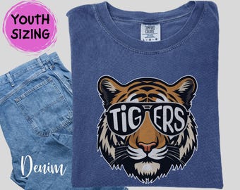 Tigre avec lunettes de soleil T-shirt pour jeune enfant T-shirt à motif animalier pour enfants Haut cool avec tête de tigre, fierté de la ville natale, chemise Tigres, t-shirt de baseball, chemise de football