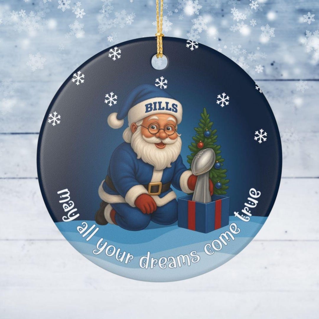 Buffalo Blue Santa With Football Trophy Ceramic Ornament | Christmas ...