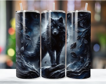 May include: Three stainless steel tumblers with a black wolf design. The wolf is standing in a dark forest with blue and white accents. The tumblers are perfect for keeping drinks cold or hot.