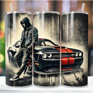 May include: A black and red muscle car with a person in a denim jacket and a hooded sweatshirt leaning against the car. The car is parked in a brick alleyway with graffiti on the walls.