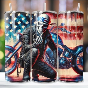 May include: A stainless steel tumbler with a design of a skeleton biker riding a motorcycle with an American flag background.