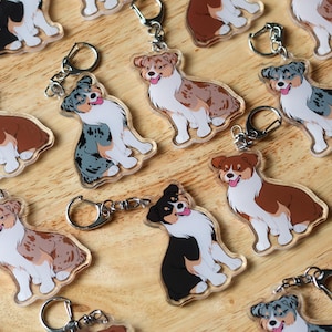 May include: Acrylic keychains featuring colorful illustrations of Australian Shepherds. The keychains have silver-colored metal clasps. The dogs are depicted in various poses and colors, including brown, black, and blue merle.