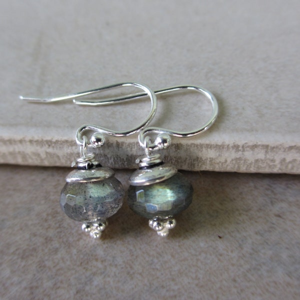 Labradorite Sterling Silver Earrings, Green, Rondelle, Small, Irisjewelrydesign