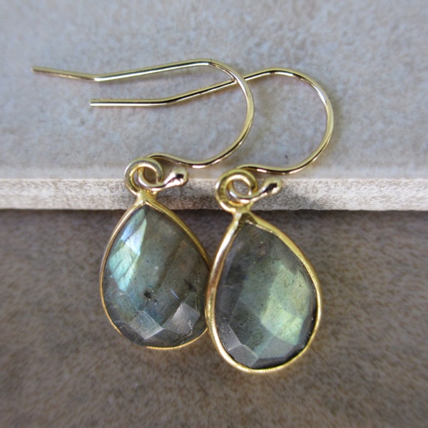 Green Labradorite Earrings, Gold, Teardrop, Everyday Earrings, Irisjewelrydesign