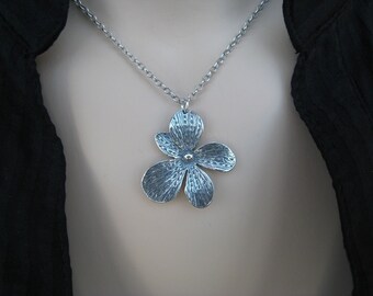 Silver Flower Necklace, Daisy, Sterling Silver, Rhodium, Oxidized, Larger Version, Irisjewelrydesign