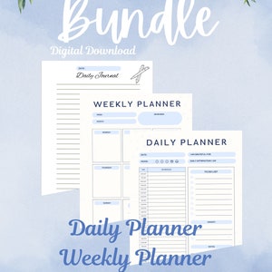 May include: A digital download bundle of printable planners and a journal. The bundle includes a daily planner, a weekly planner, and a daily journal. The planners feature a blue and white color scheme with floral accents. The text "Bundle", "Digital Download", "Daily Journal", "Weekly Planner", and "Daily Planner" is visible on the image.