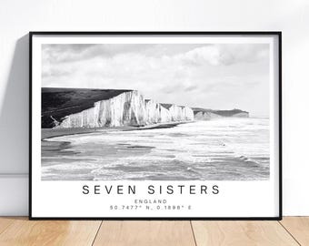 Black and white Seven Sisters Travel Poster - East Sussex Coastal Wall Art Print, Framed Photography Personalized Gift