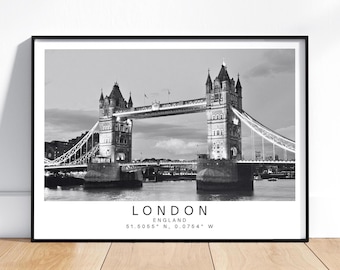 Personalised Tower Bridge Print - London Coordinates Wall Art, Custom Travel Gift, , Black and white photography