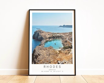 Rhodes Greece Travel Print - Lindos Acropolis Photography Wall Art Poster, Framed Personalized Greek Gift