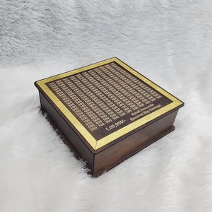 Puede incluir: Una caja de ahorros de madera con un borde dorado. La parte superior est&aacute; grabada con un patr&oacute;n de cuadr&iacute;cula y n&uacute;meros. El texto "Small Amounts Become Big Savings" es visible en el lateral.