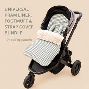 May include: A black pushchair featuring a green and white gingham patterned liner, footmuff, and strap covers, with a textured cream-coloured top section. Text on the image reads: UNIVERSAL PRAM LINER, FOOTMUFF & STRAP COVER BUNDLE PDF sewing pattern.