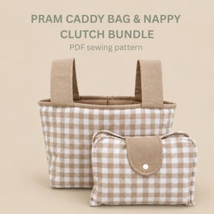 May include: A pram caddy bag and nappy clutch bundle PDF sewing pattern featuring a beige and white gingham check fabric with solid beige straps and a front flap closure with a single white snap button on the clutch.