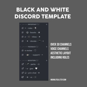 black and white discord template / 30+ channels / aesthetic layout