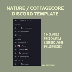 Plantilla de servidor de Discord de naturaleza verde / cottagecore / más de 35 canales / diseño estético