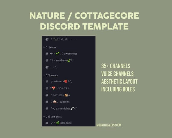 green nature / cottagecore discord server template / 35+ channels / aesthetic layout