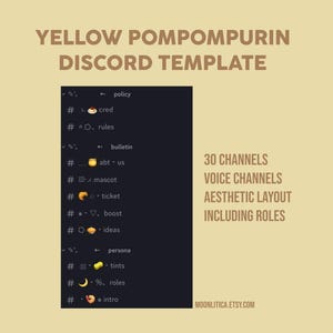 May include: A digital mockup of a Discord server template featuring a yellow Pompompurin character. The template includes 30 channels, voice channels, an aesthetic layout, and roles. The text "MOONLITICA.ETSY.COM" is at the bottom of the image.