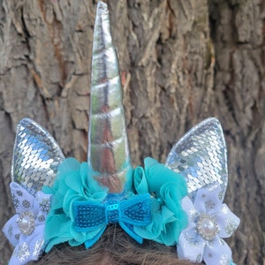 Aqua Blue Unicorn Horn Headband: Silver Snowflake Party Hairband