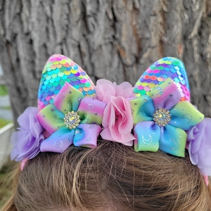 Cerchietto con orecchie di gatto e paillettes arcobaleno: cerchietto per capelli da festa con gattino pastello