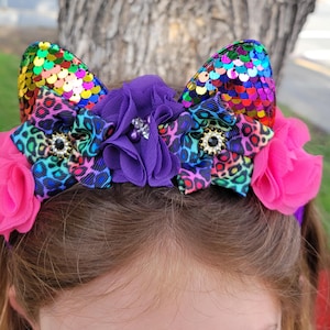 Cerchietto con orecchie di gatto e paillettes arcobaleno: cerchietto per capelli da festa con motivo leopardato