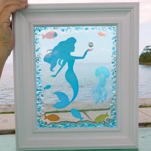 Mermaid, Beach Art, Glass Art, Mermaid with Pearl Art, Resin Art, Beach Decor, Wall Art, Beach Wall Art, Crushed Glass Art, Mixed Media Art