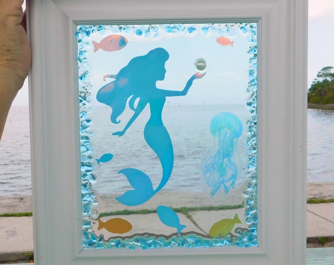 Mermaid, Beach Art, Glass Art, Mermaid with Pearl Art, Resin Art, Beach Decor, Wall Art, Beach Wall Art, Crushed Glass Art, Mixed Media Art