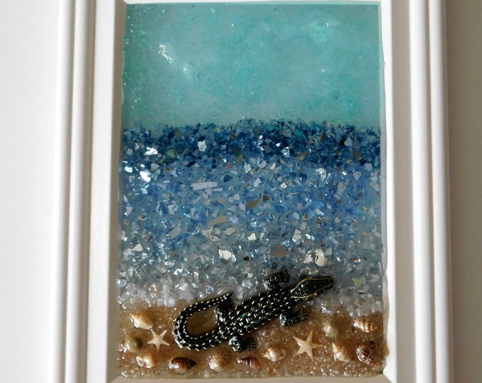 Alligator at the Beach Crushed Glass Art, Coastal Art, Resin Beach Art, Glass Art, Resin Art, Beach Decor, Crush Glass Art, Mixed Media Art