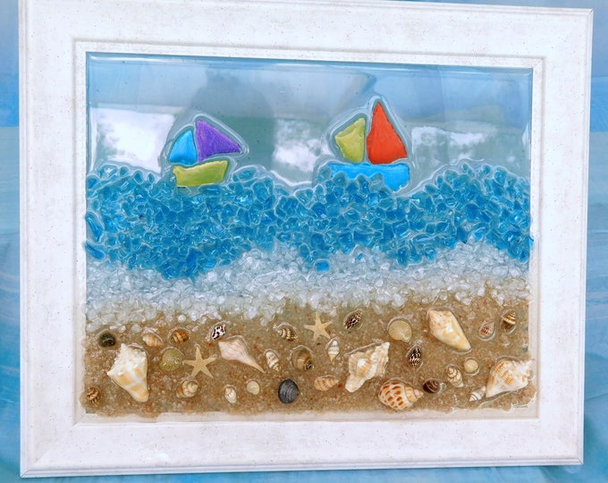 Boats at the Beach Crushed Glass Art, Coastal Art, Beach Window, Resin Beach Art, Resin Art, Beach Decor, Crush Glass Art, Mixed Media Art